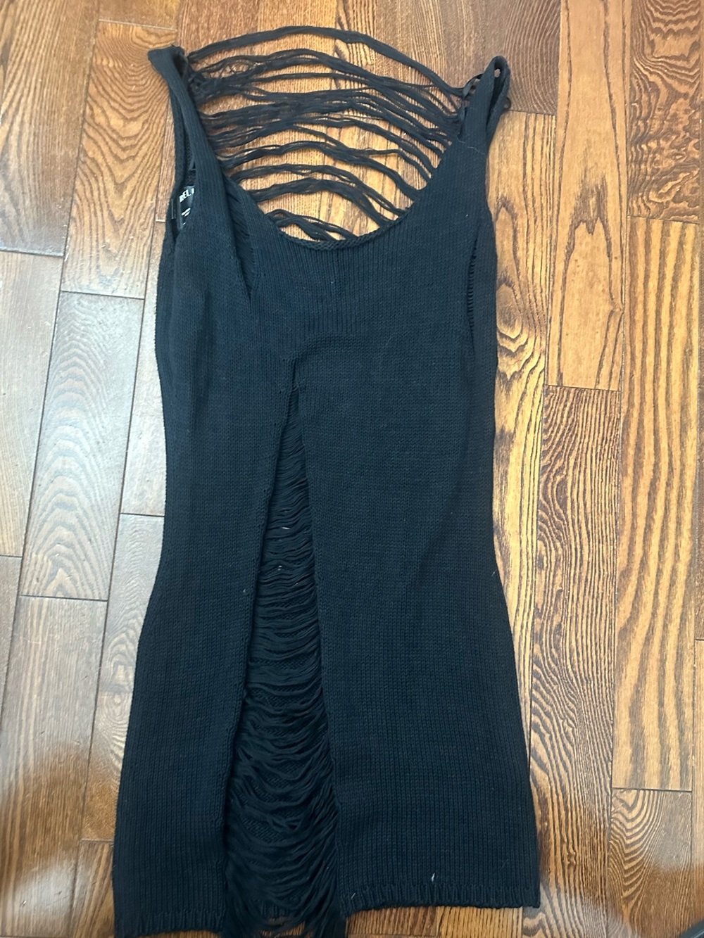 Ribbed Black Mini Dress with Distressed Slit Detail - Women's